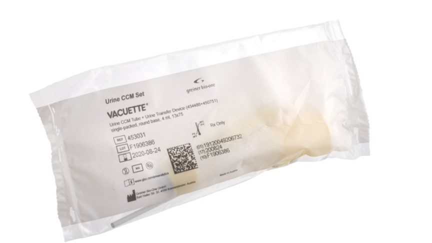 Urine CCM Set
VACUETTE® Urine CCM Tube + Urine Transfer Device (454486+450751),
single-packed, Round Base, 4 ml, 13x75