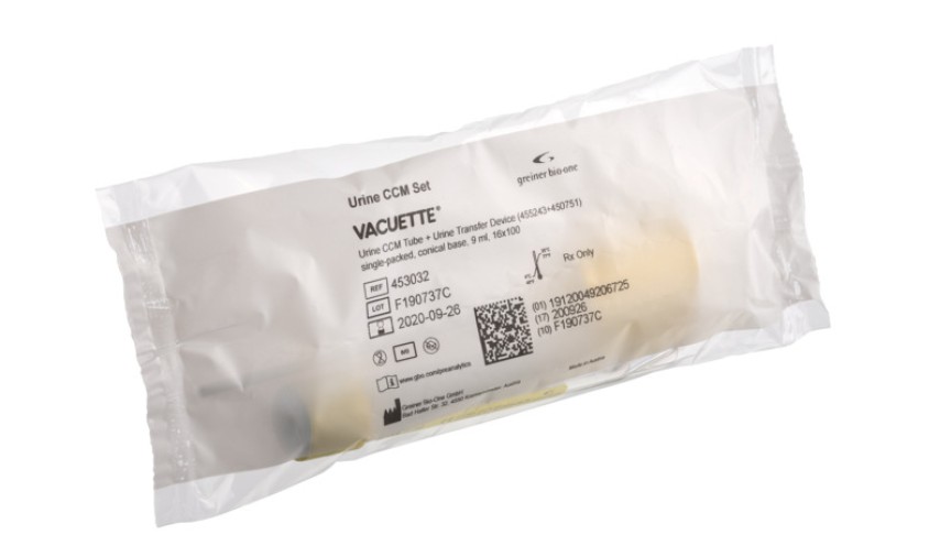 Urine CCM Set
VACUETTE® Urine CCM Tube + Urine Transfer Device (455243+450751),
single-packed, Conical Base, 9 ml, 16x100