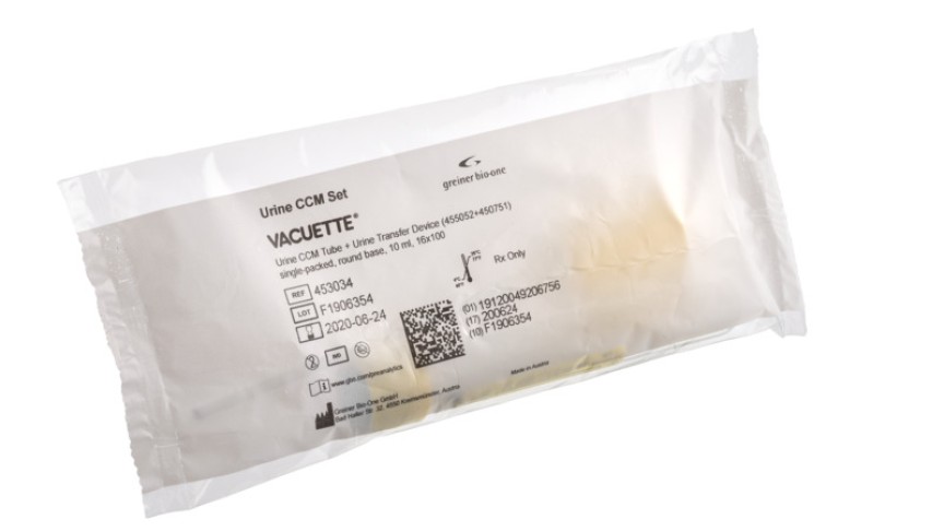Urine CCM Set
VACUETTE® Urine CCM Tube + Urine Transfer Device (455052+450751),
single-packed, Round Base, 10 ml, 16x100