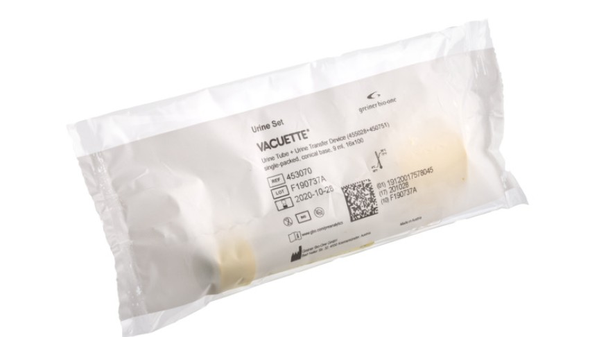 Urine Set
VACUETTE® Urine Tube + Urine Transfer Device (455028+450751), single-
packed, Conical Base, 9 ml, 16x100