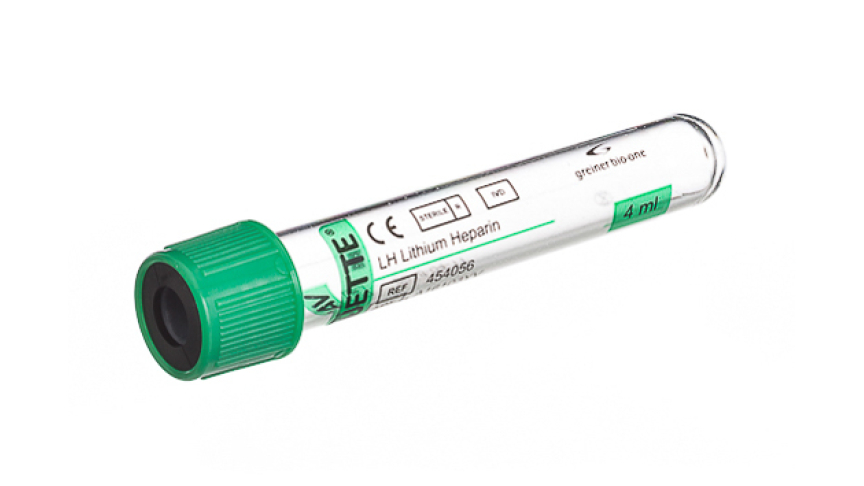 VACUETTE® TUBE 4 ml LH Lithium Heparin
13x75 green cap-black ring, transparent label, non-ridged