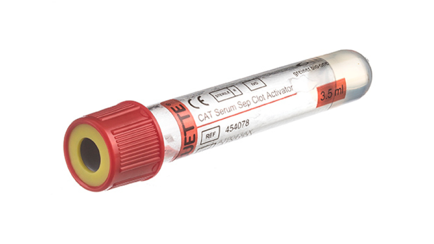 VACUETTE® TUBE 3.5 ml CAT Serum Separator Clot Activator
13x75 red cap-yellow ring, transparent label, non-ridged