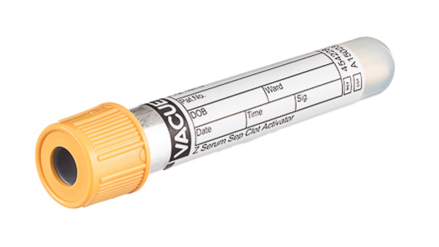 VACUETTE® TUBE 3.5 ml CAT Serum Separator Clot Activator
13x75 gold cap-gold ring, black label, non-ridged