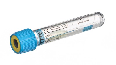 VACUETTE® TUBE 3.5 ml CTAD
13x75 blue cap-yellow ring, sandwich tube, transparent label, non-ridged