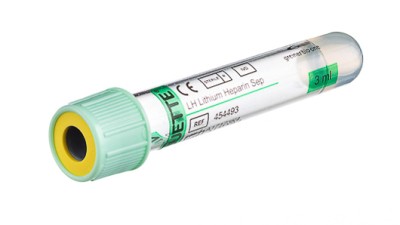 VACUETTE® TUBE 3 ml LH Lithium Heparin Separator
13x75 mint green cap-yellow ring, transparent label, non-ridged