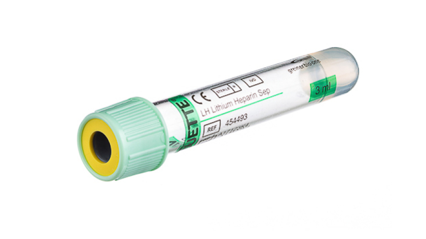VACUETTE® TUBE 3 ml LH Lithium Heparin Separator
13x75 mint green cap-yellow ring, transparent label, non-ridged