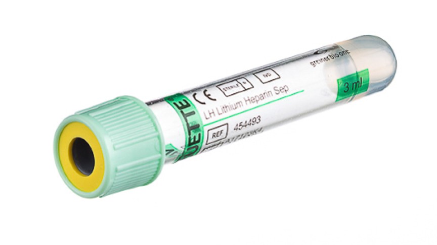 VACUETTE® TUBE 3 ml LH Lithium Heparin Separator
13x75 mint green cap-yellow ring, transparent label, non-ridged