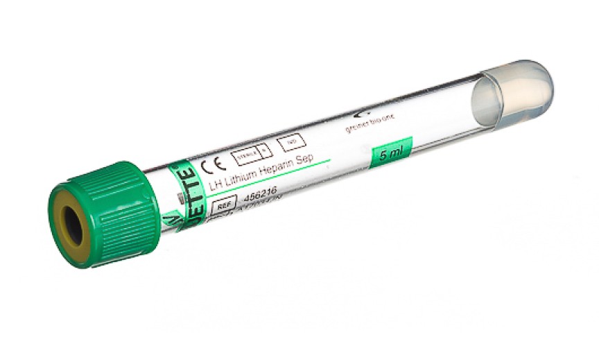 VACUETTE® TUBE 5 ml LH Lithium Heparin Separator
13x100 green cap-yellow ring, transparent label, non-ridged