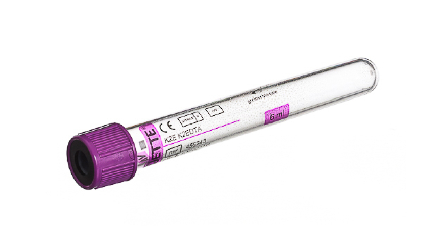 VACUETTE® TUBE 6 ml K2E K2EDTA
13x100 lavender cap-black ring, transparent label, non-ridged
