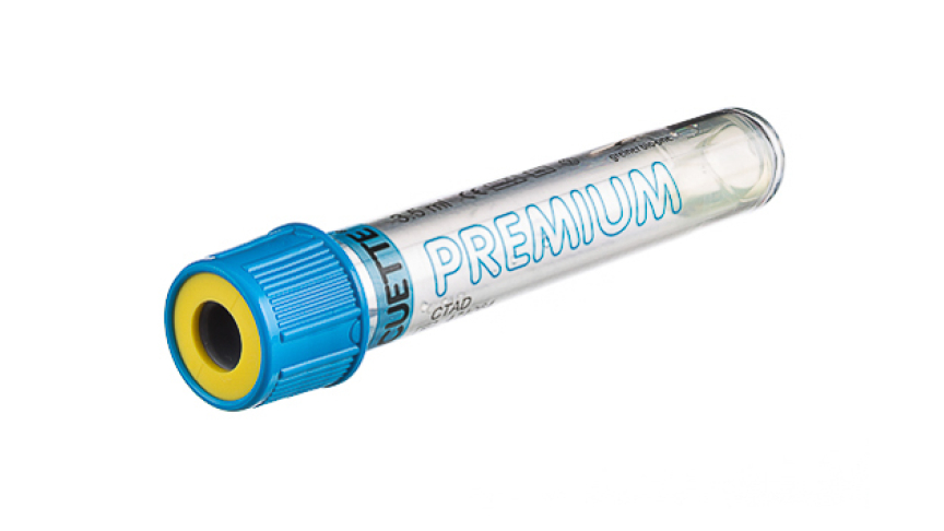 VACUETTE® TUBE 3.5 ml CTAD
13x75 blue cap-yellow ring, sandwich tube, transparent label, PREMIUM