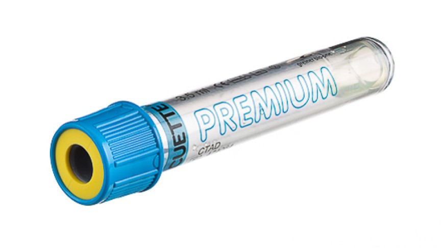 VACUETTE® TUBE 3.5 ml CTAD
13x75 blue cap-yellow ring, sandwich tube, transparent label, PREMIUM